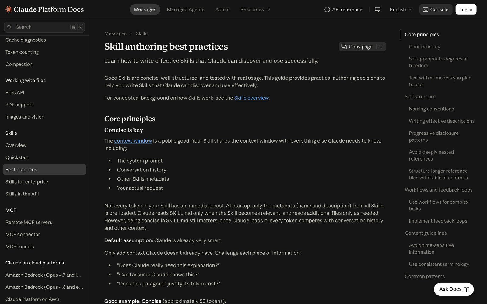 Claude Platform Docs page titled Skill authoring best practices, open at the Concise is key principle