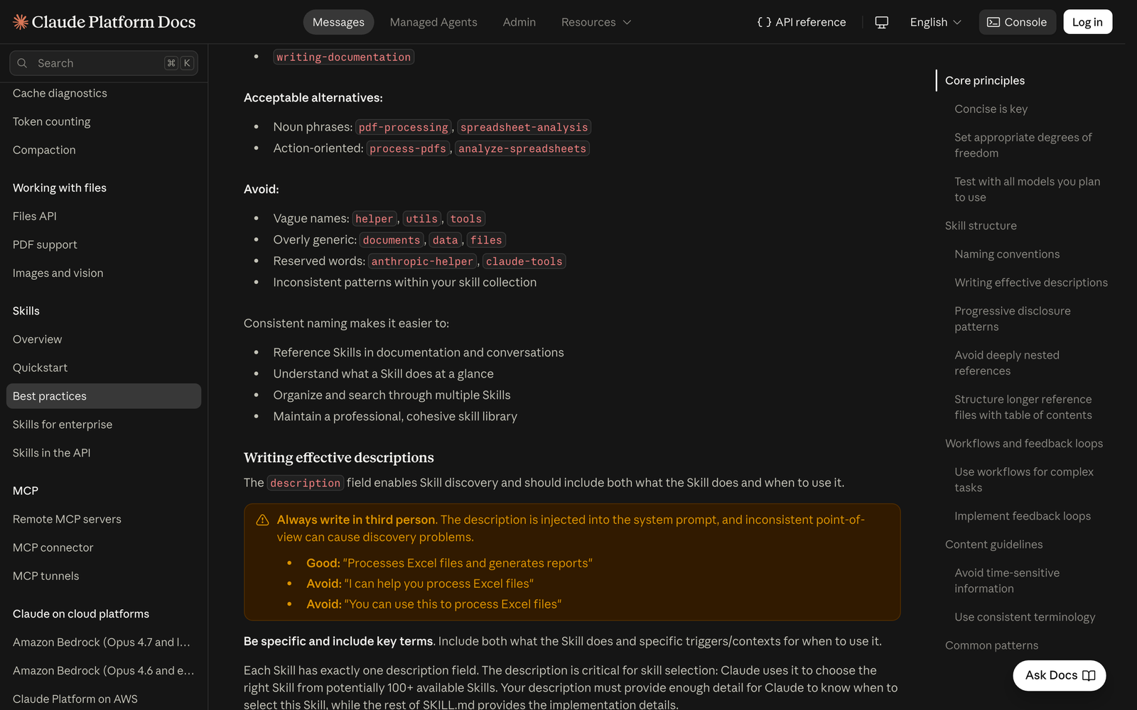 Skill authoring guide section on writing effective descriptions, with the warning to always write in third person