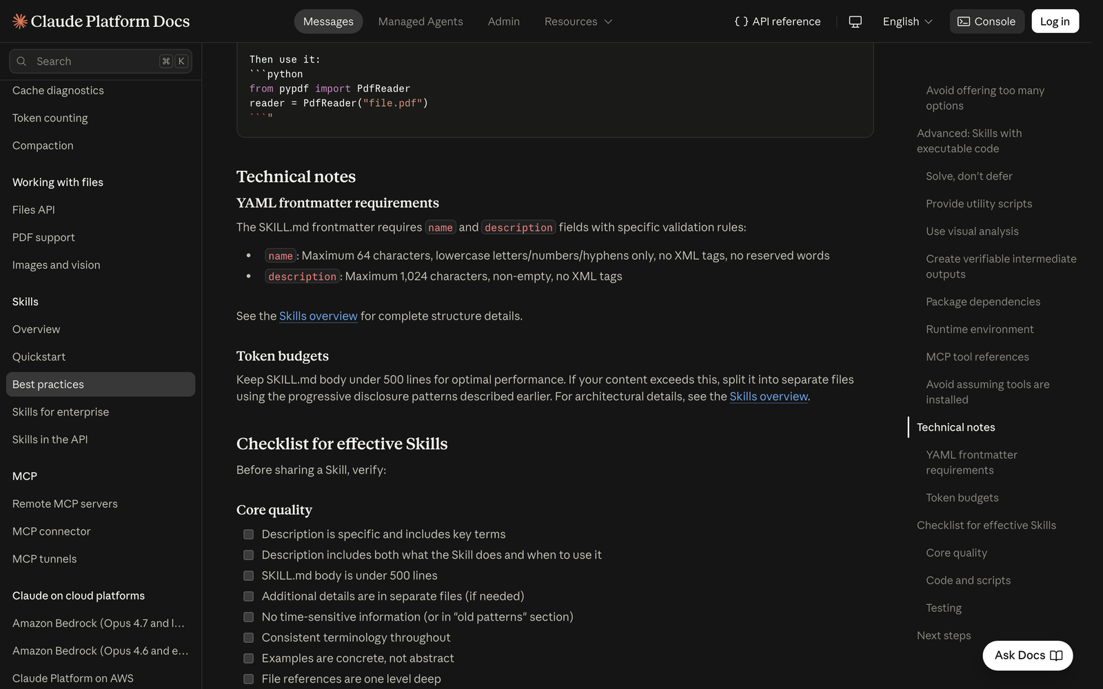 Checklist for effective Skills in Anthropic's guide, listing core quality items such as description and the 500-line limit