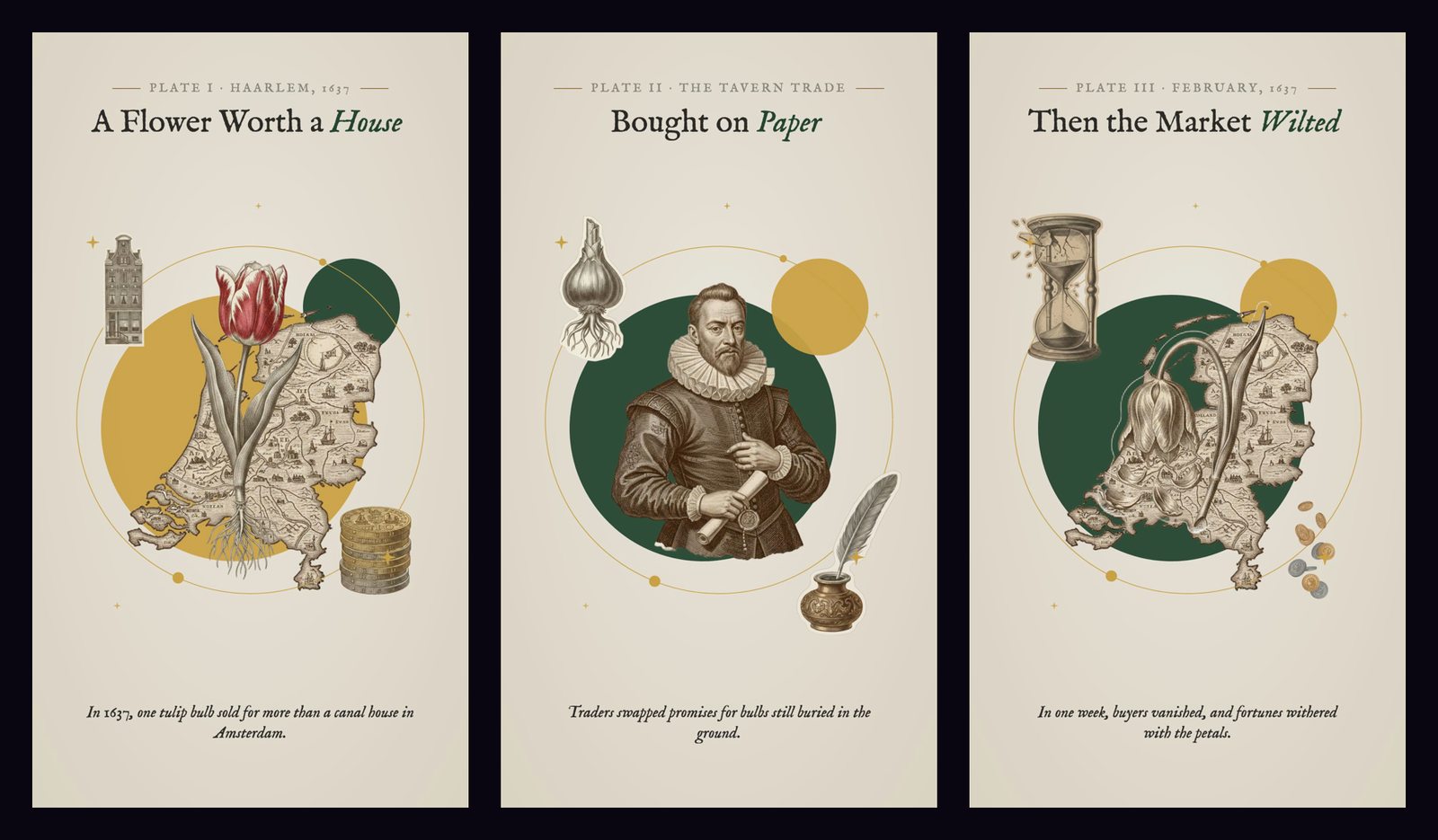 Three frames from a vintage engraving-collage motion graphic about Tulip Mania, 1637