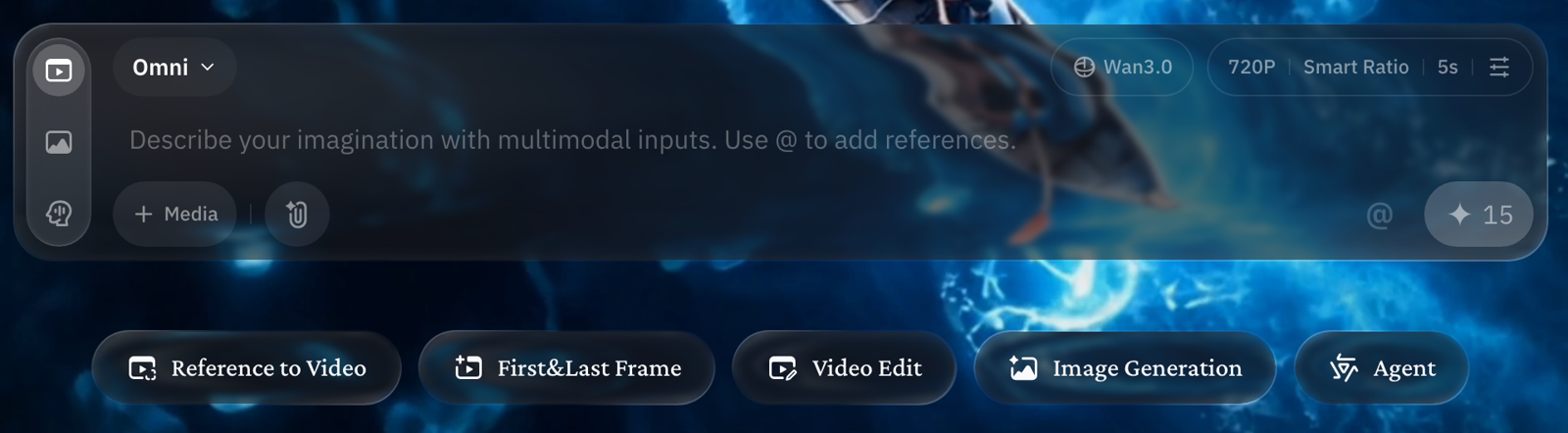Wan Create creation box set to Omni mode, Wan3.0, 720P, Smart Ratio and 5s, with Reference to Video, First and Last Frame, Video Edit, Image Generation and Agent modes