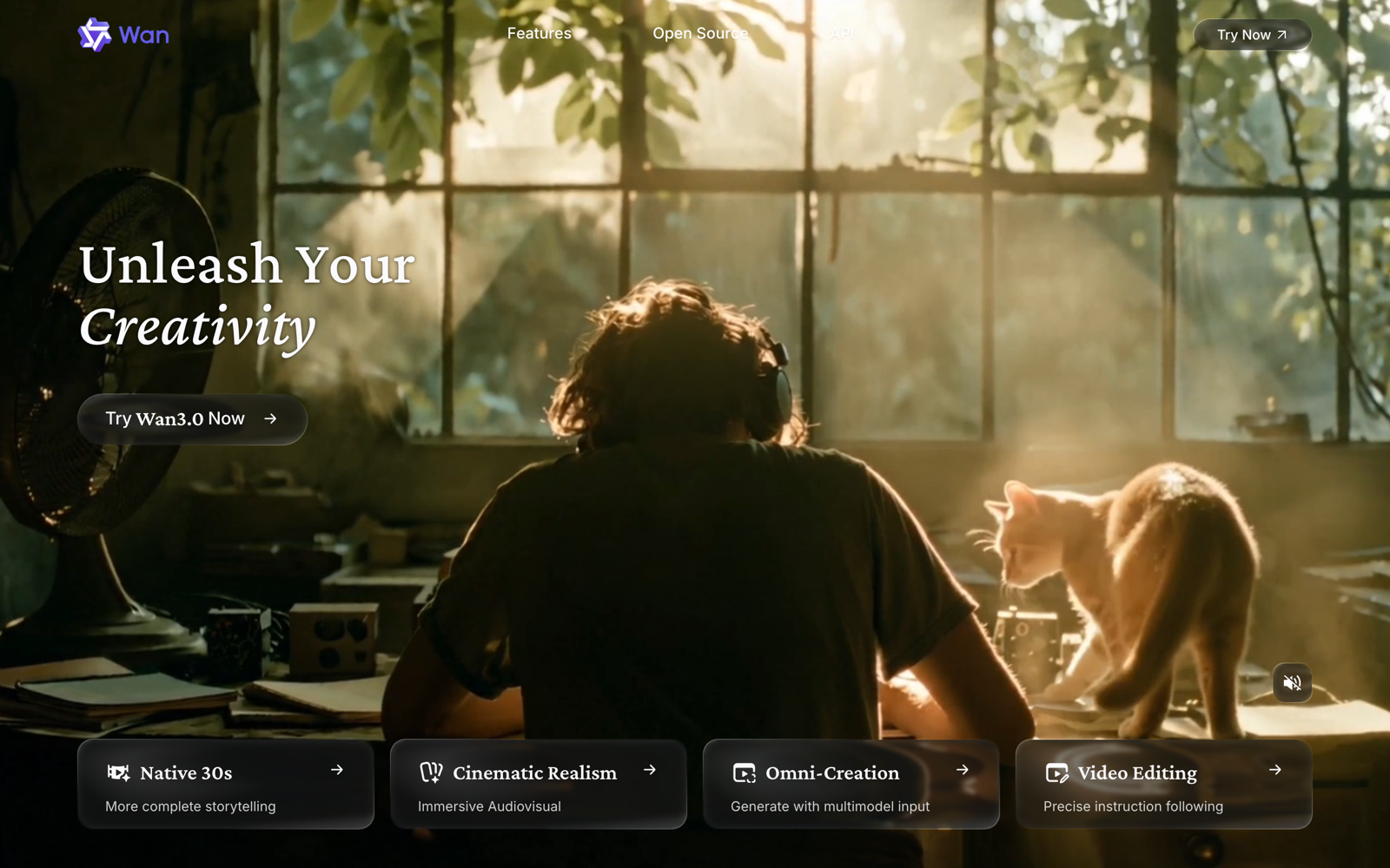 Wan AI website home page with a 'Try Wan3.0 Now' button and feature tiles for Native 30s, Cinematic Realism, Omni-Creation and Video Editing